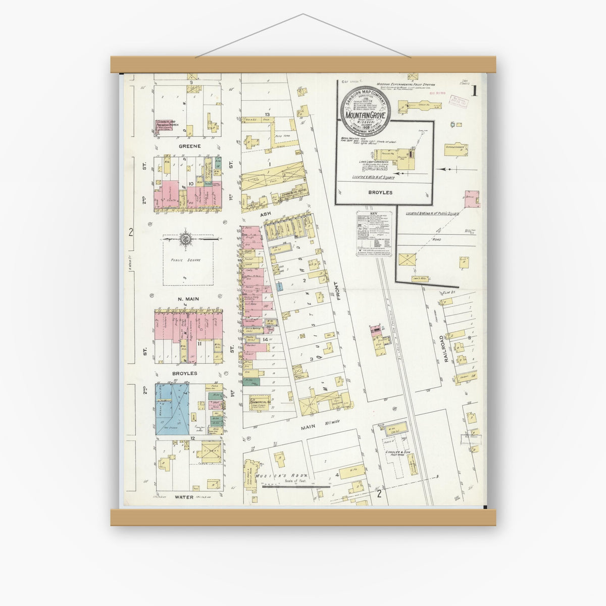 Old map wall art mockup — magnetic wood frame on white wall — Sanborn Fire Insurance Map from Mountain Grove, Wright County, Missouri (1909) - Complete Map Set