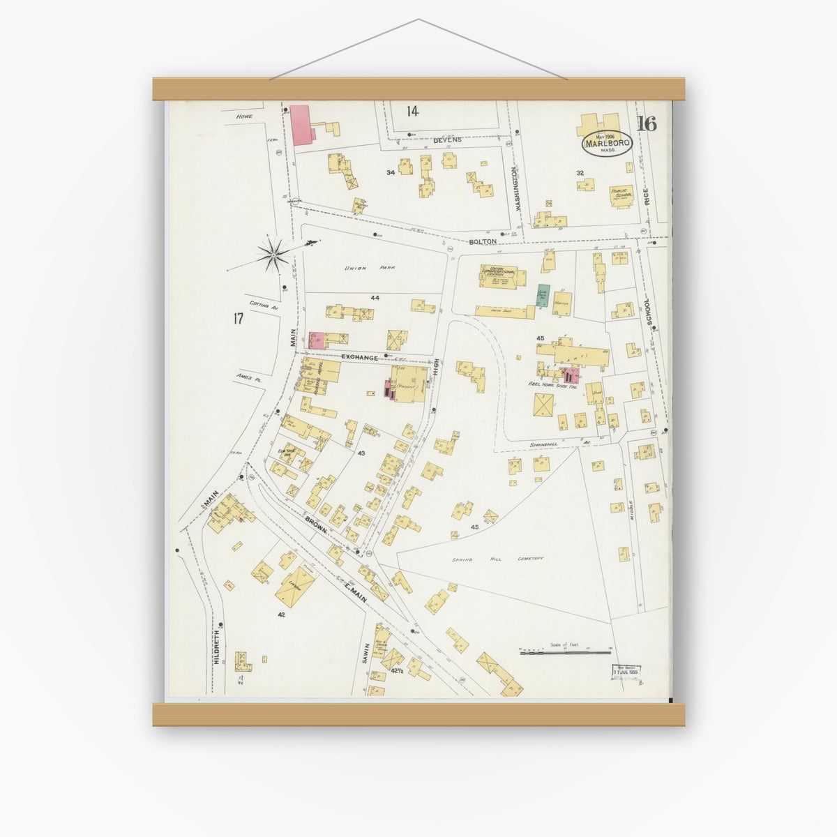 Old map wall art mockup — magnetic wood frame on white wall — Sanborn Fire Insurance Map from Marlborough, Middlesex County, Massachusetts (1906), Sheet #0016