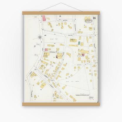 Old map wall art mockup — magnetic wood frame on white wall — Sanborn Fire Insurance Map from Marlborough, Middlesex County, Massachusetts (1906), Sheet #0016