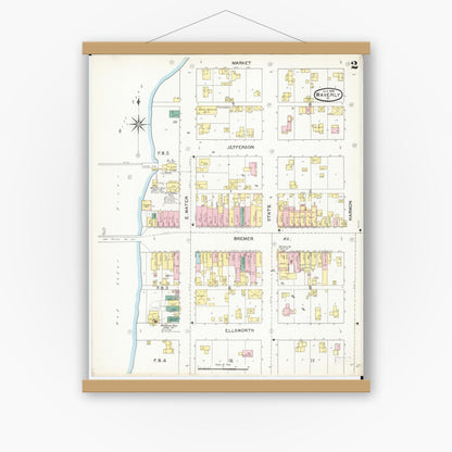 Old map wall art mockup — magnetic wood frame on white wall — Sanborn Fire Insurance Map from Waverly, Bremer County, Iowa (1892), Sheet #0002