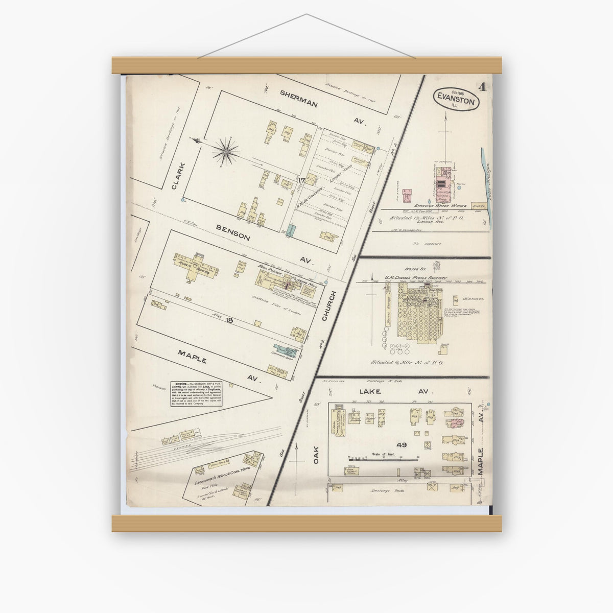 Old map wall art mockup — magnetic wood frame on white wall — Sanborn Fire Insurance Map from Evanston, Cook County, Illinois (1883), Sheet #0004