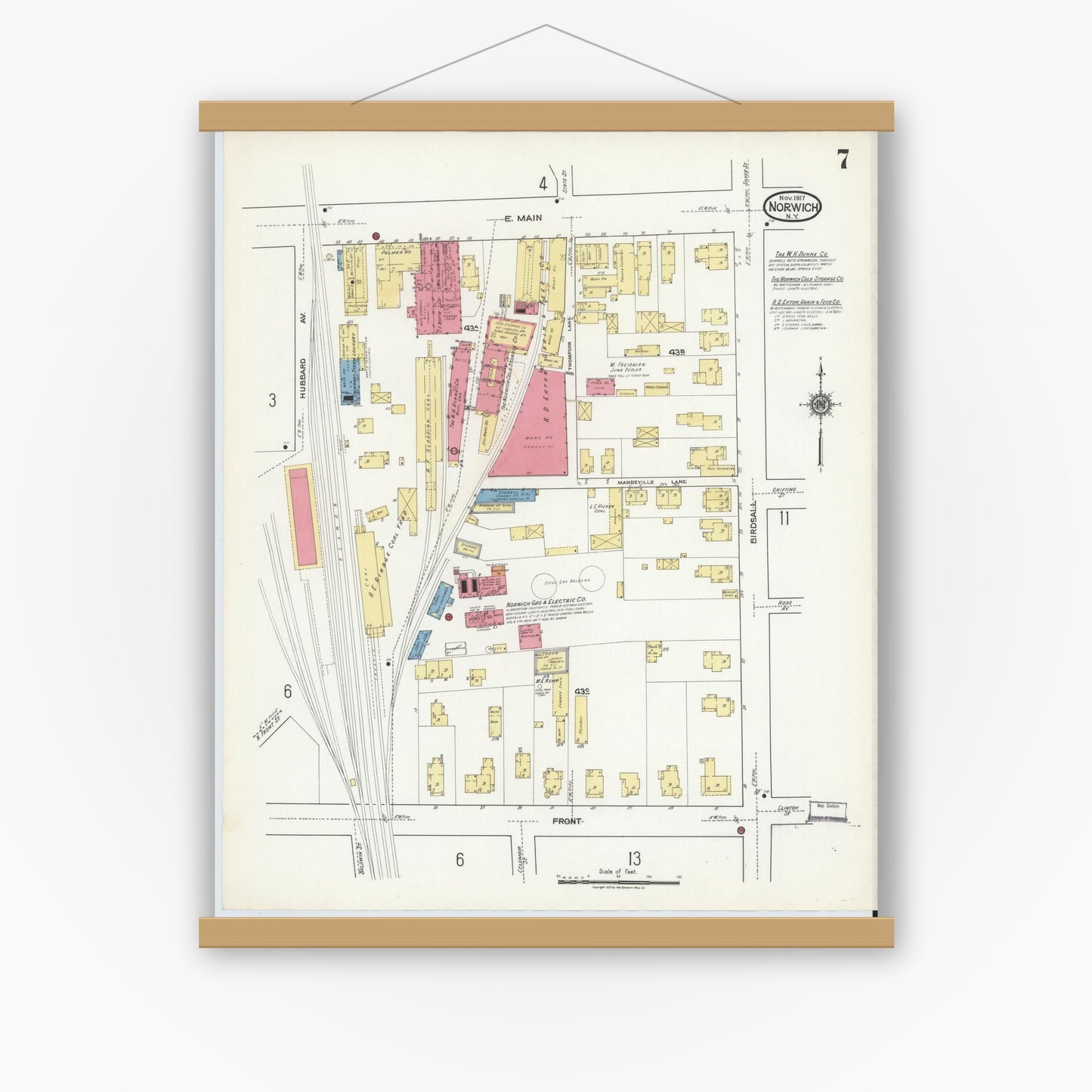 Old map wall art mockup — magnetic wood frame on white wall — Sanborn Fire Insurance Map from Norwich, Chenango County, New York (1917), Sheet #0007