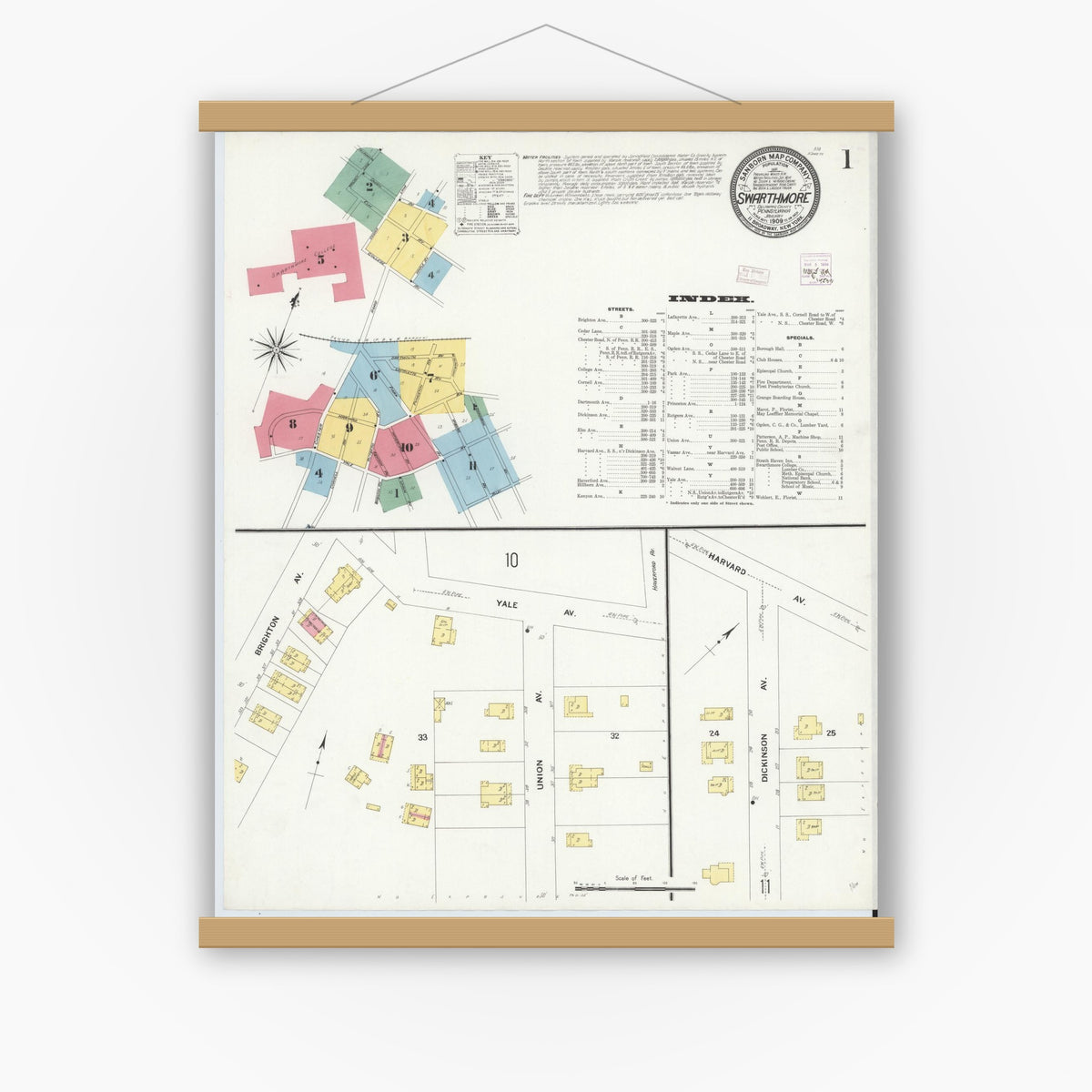 Old map wall art mockup — magnetic wood frame on white wall — Sanborn Fire Insurance Map from Swarthmore, Delaware County, Pennsylvania (1909) - Complete Map Set