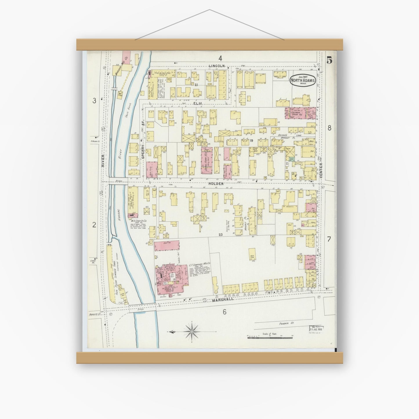Old map wall art mockup — magnetic wood frame on white wall — Sanborn Fire Insurance Map from North Adams, Berkshire County, Massachusetts (1897), Sheet #0005