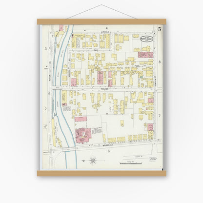Old map wall art mockup — magnetic wood frame on white wall — Sanborn Fire Insurance Map from North Adams, Berkshire County, Massachusetts (1897), Sheet #0005