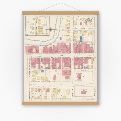 Old map wall art mockup — magnetic wood frame on white wall — Sanborn Fire Insurance Map from Ligonier, Noble County, Indiana (1922), Sheet #0007