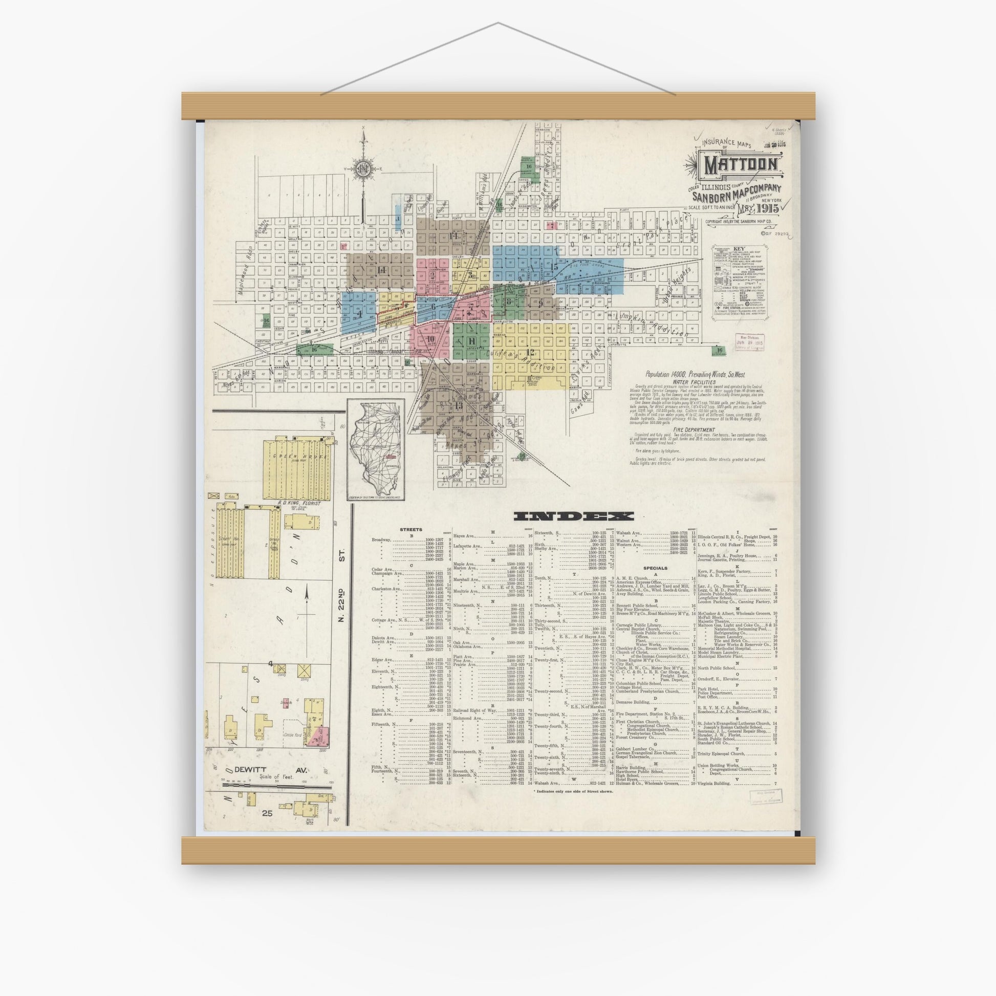 Old map wall art mockup — magnetic wood frame on white wall — Sanborn Fire Insurance Map from Mattoon, Coles County, Illinois (1915), Sheet #0001