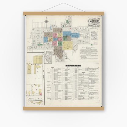 Old map wall art mockup — magnetic wood frame on white wall — Sanborn Fire Insurance Map from Mattoon, Coles County, Illinois (1915), Sheet #0001