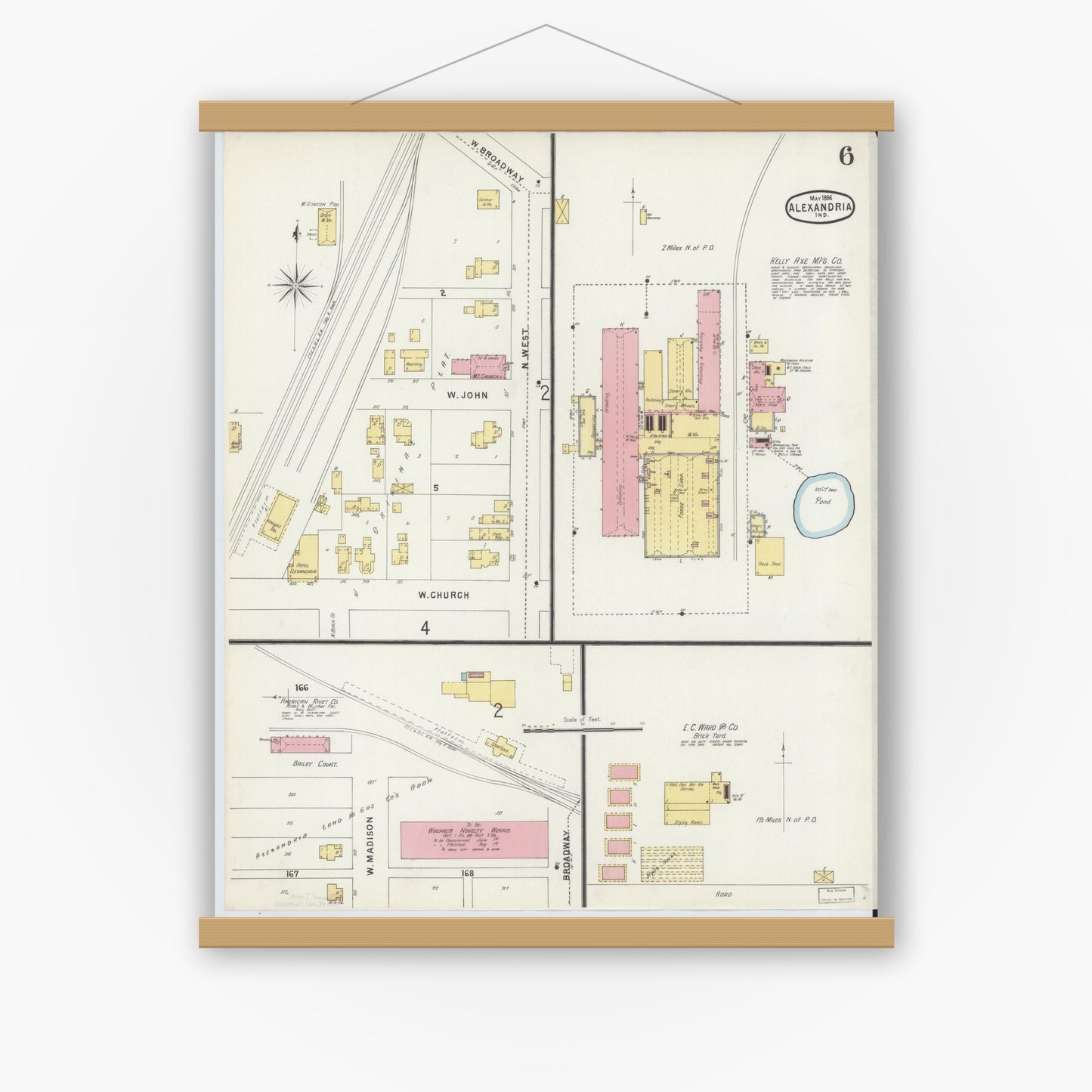 Old map wall art mockup — magnetic wood frame on white wall — Sanborn Fire Insurance Map from Alexandria, Madison County, Indiana (1896), Sheet #0006