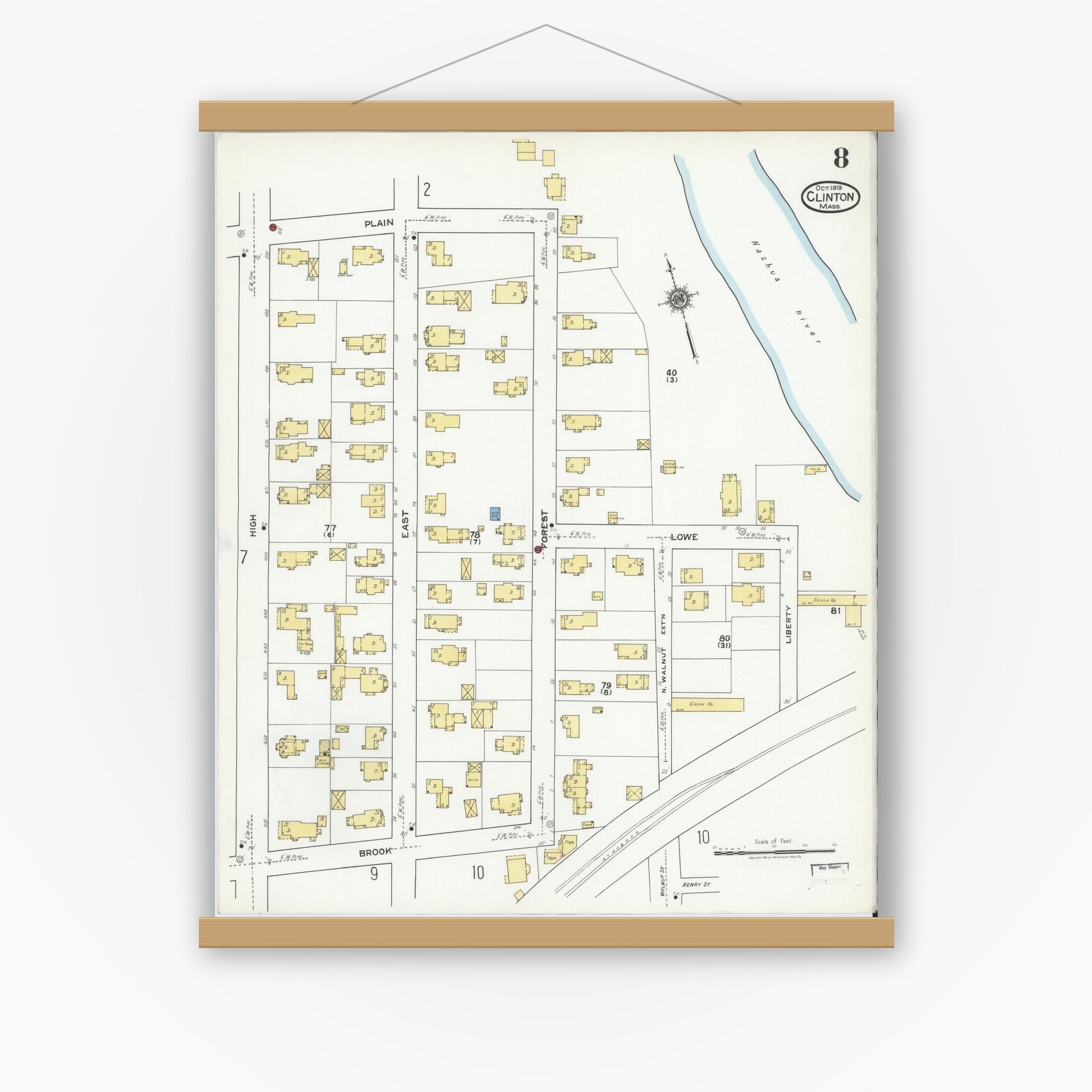 Old map wall art mockup — magnetic wood frame on white wall — Sanborn Fire Insurance Map from Clinton, Worcester County, Massachusetts (1919), Sheet #0008