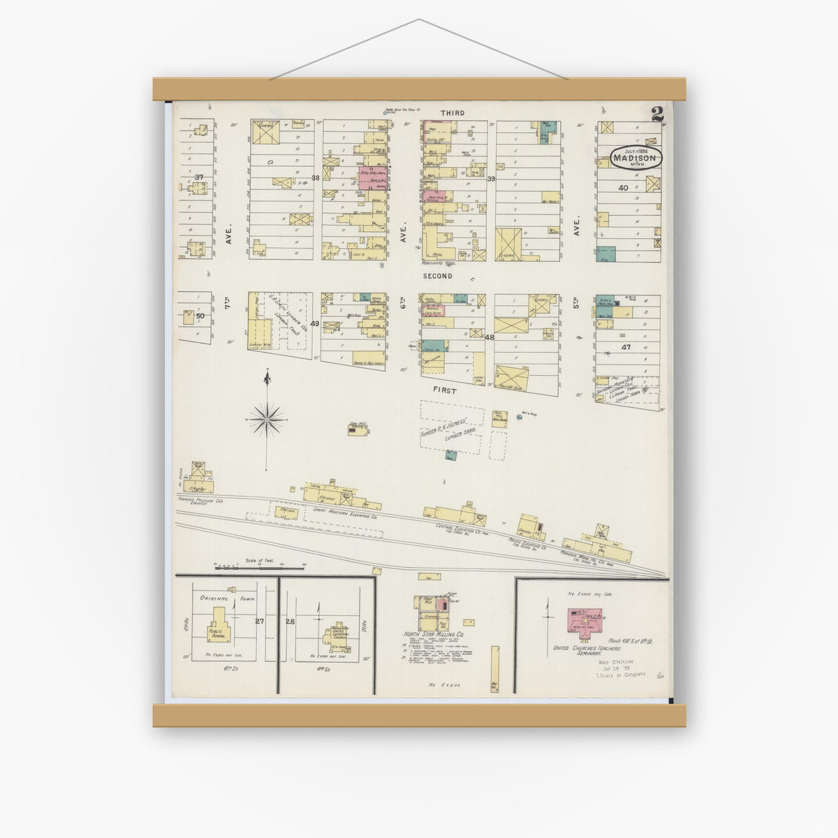 Old map wall art mockup — magnetic wood frame on white wall — Sanborn Fire Insurance Map from Madison, Lac Qui Parle County, Minnesota (1894), Sheet #0002