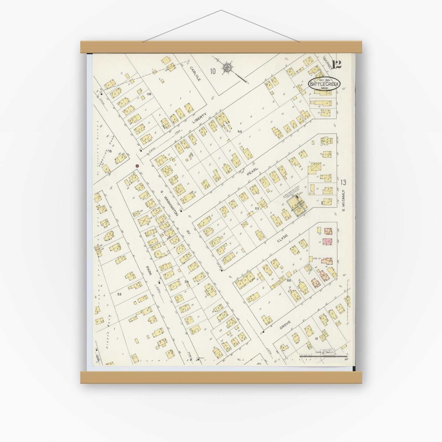 Old map wall art mockup — magnetic wood frame on white wall — Sanborn Fire Insurance Map from Battle Creek, Calhoun County, Michigan (1913), Sheet #0012