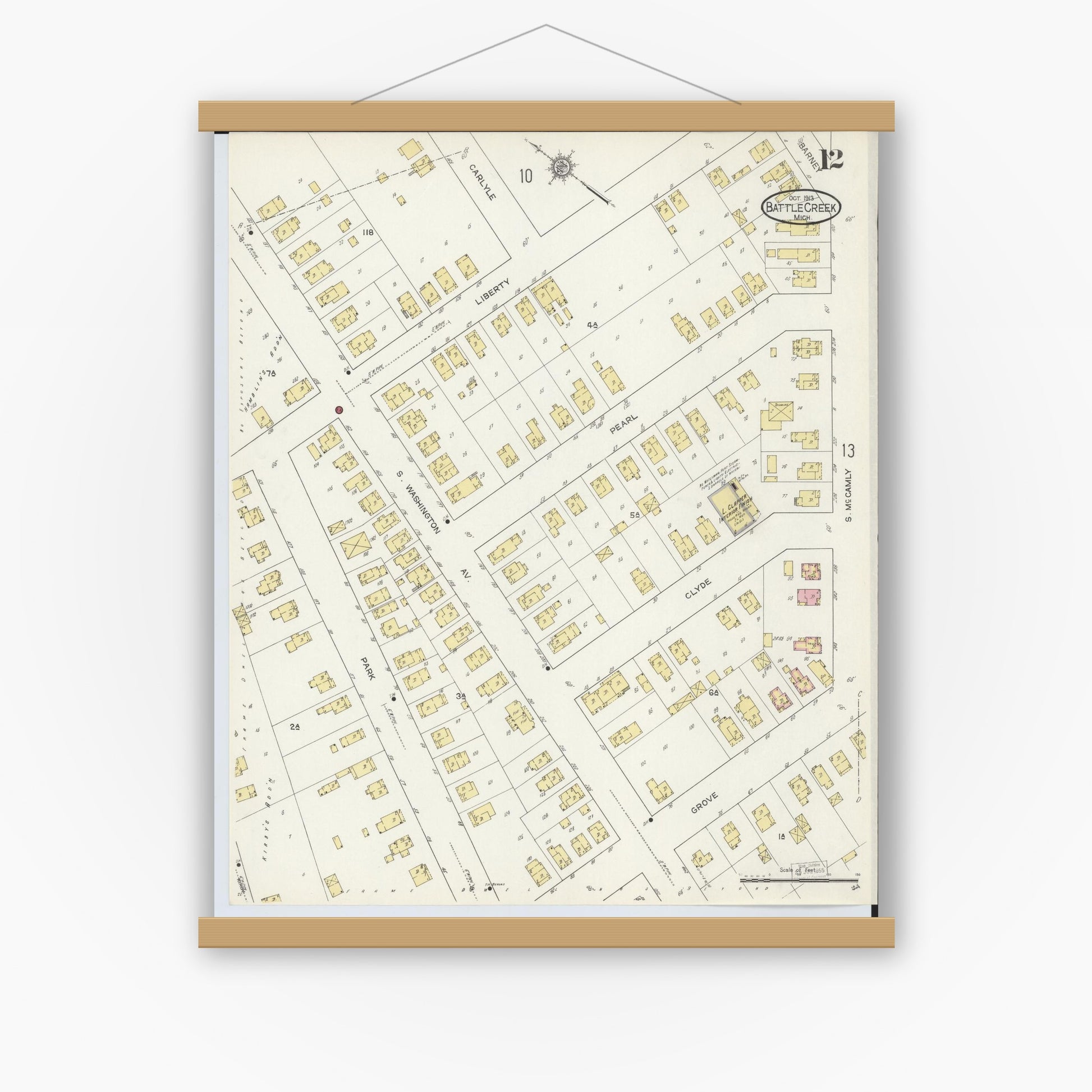 Old map wall art mockup — magnetic wood frame on white wall — Sanborn Fire Insurance Map from Battle Creek, Calhoun County, Michigan (1913), Sheet #0012