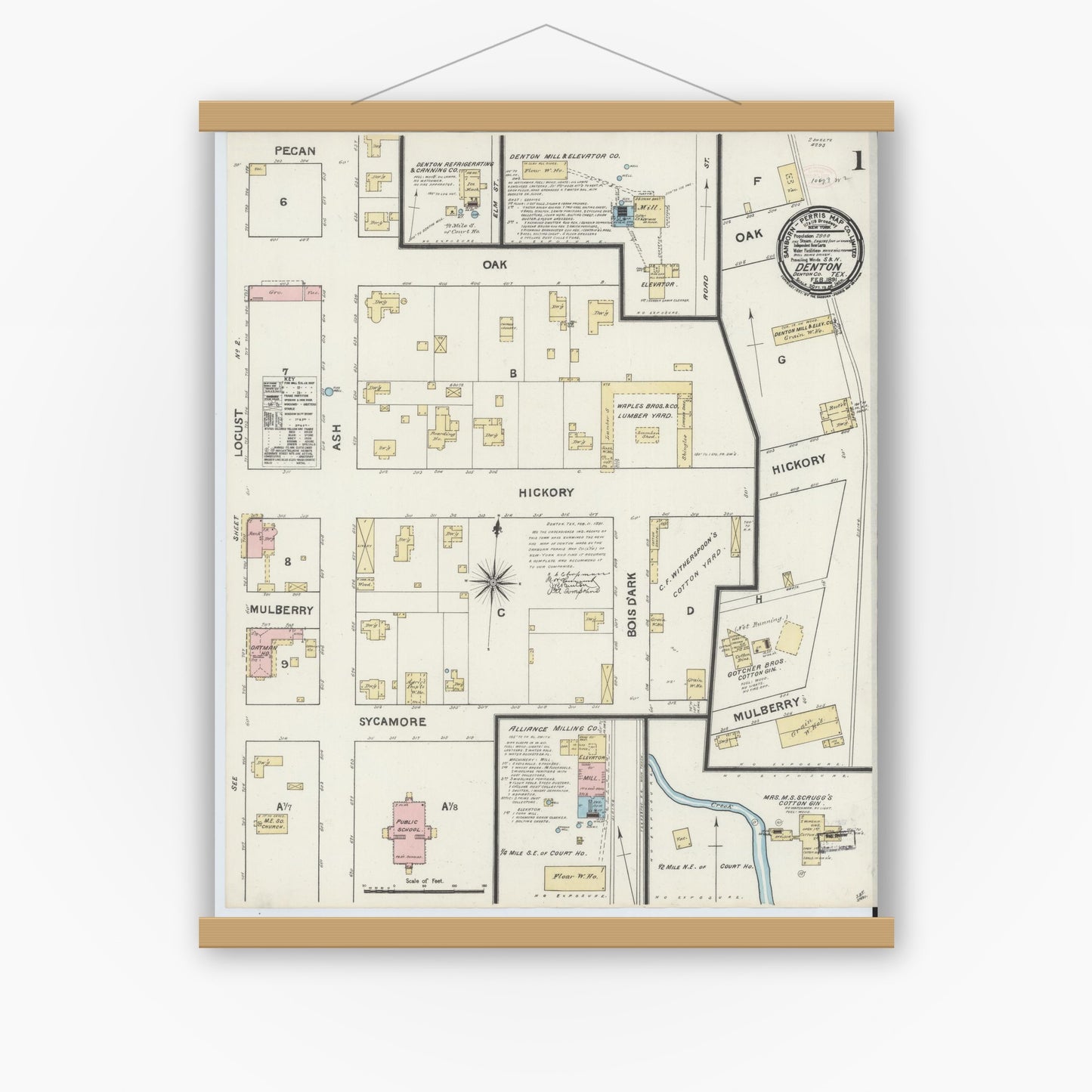 Old map wall art mockup — magnetic wood frame on white wall — Sanborn Fire Insurance Map from Denton, Denton County, Texas (1891) - Complete Map Set