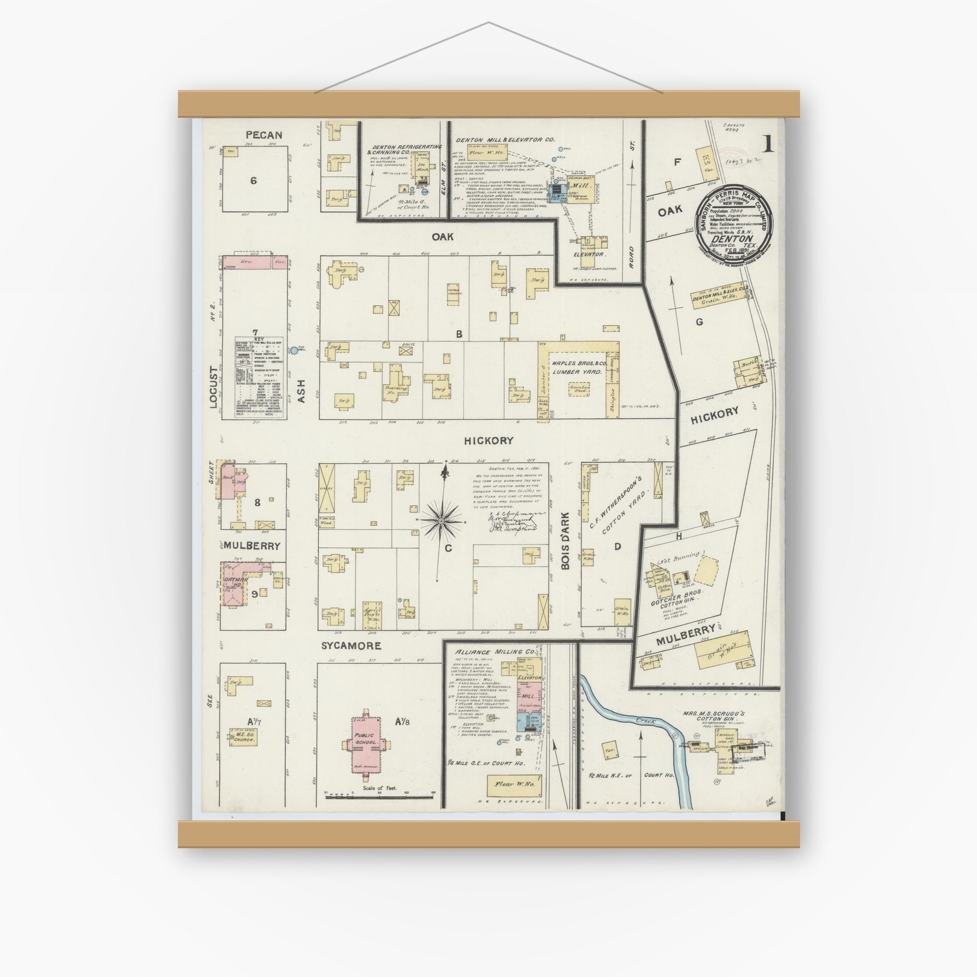 Old map wall art mockup — magnetic wood frame on white wall — Sanborn Fire Insurance Map from Denton, Denton County, Texas (1891) - Complete Map Set