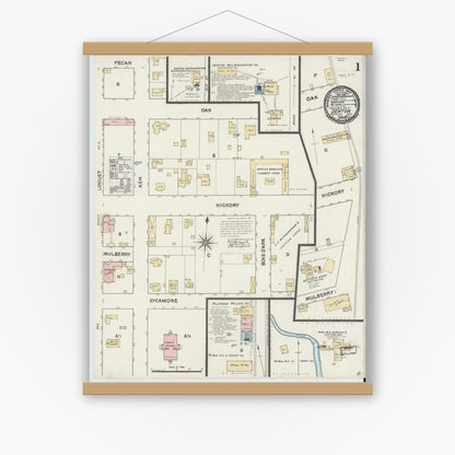Old map wall art mockup — magnetic wood frame on white wall — Sanborn Fire Insurance Map from Denton, Denton County, Texas (1891) - Complete Map Set