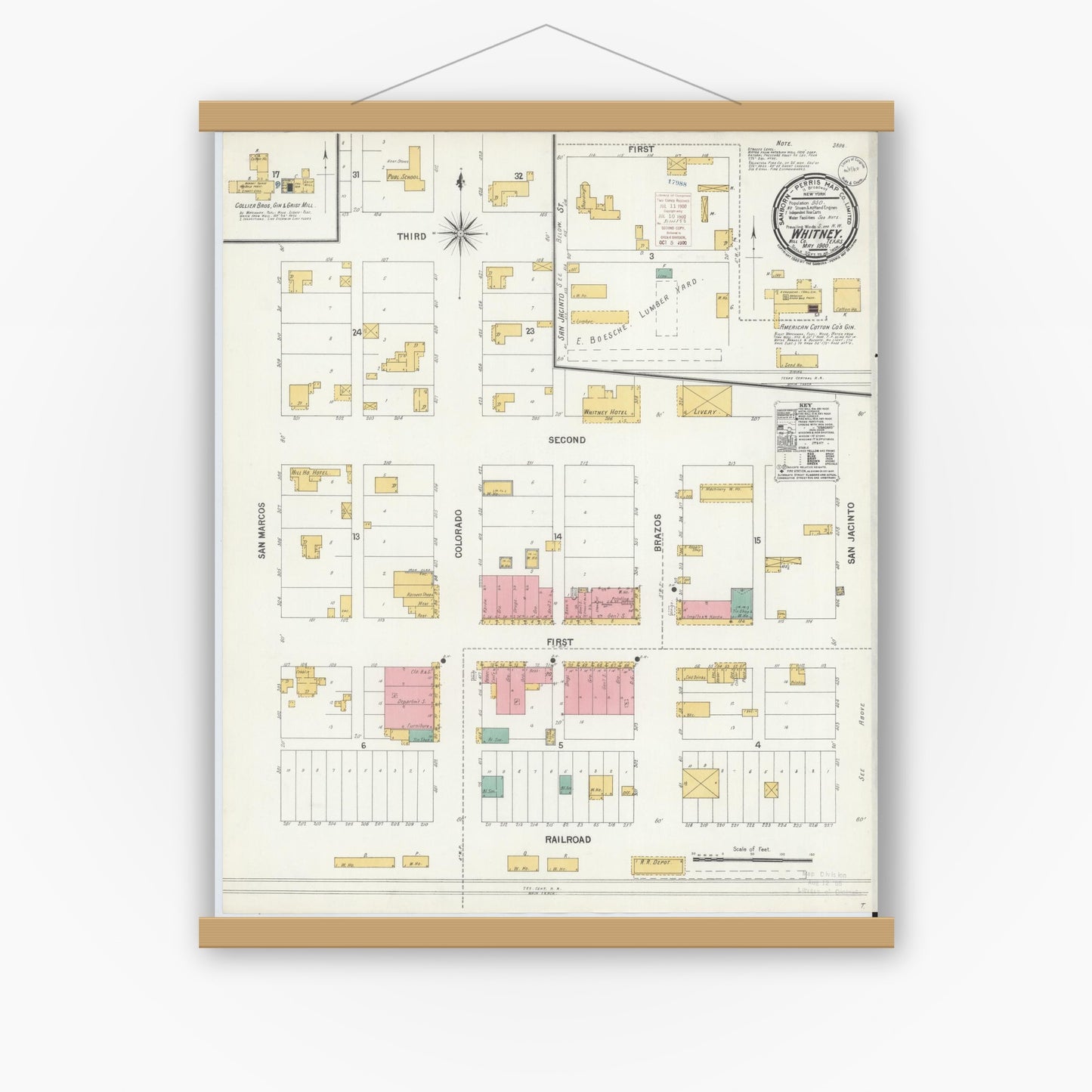 Old map wall art mockup — magnetic wood frame on white wall — Sanborn Fire Insurance Map from Whitney, Hill County, Texas (1900), Sheet #0001