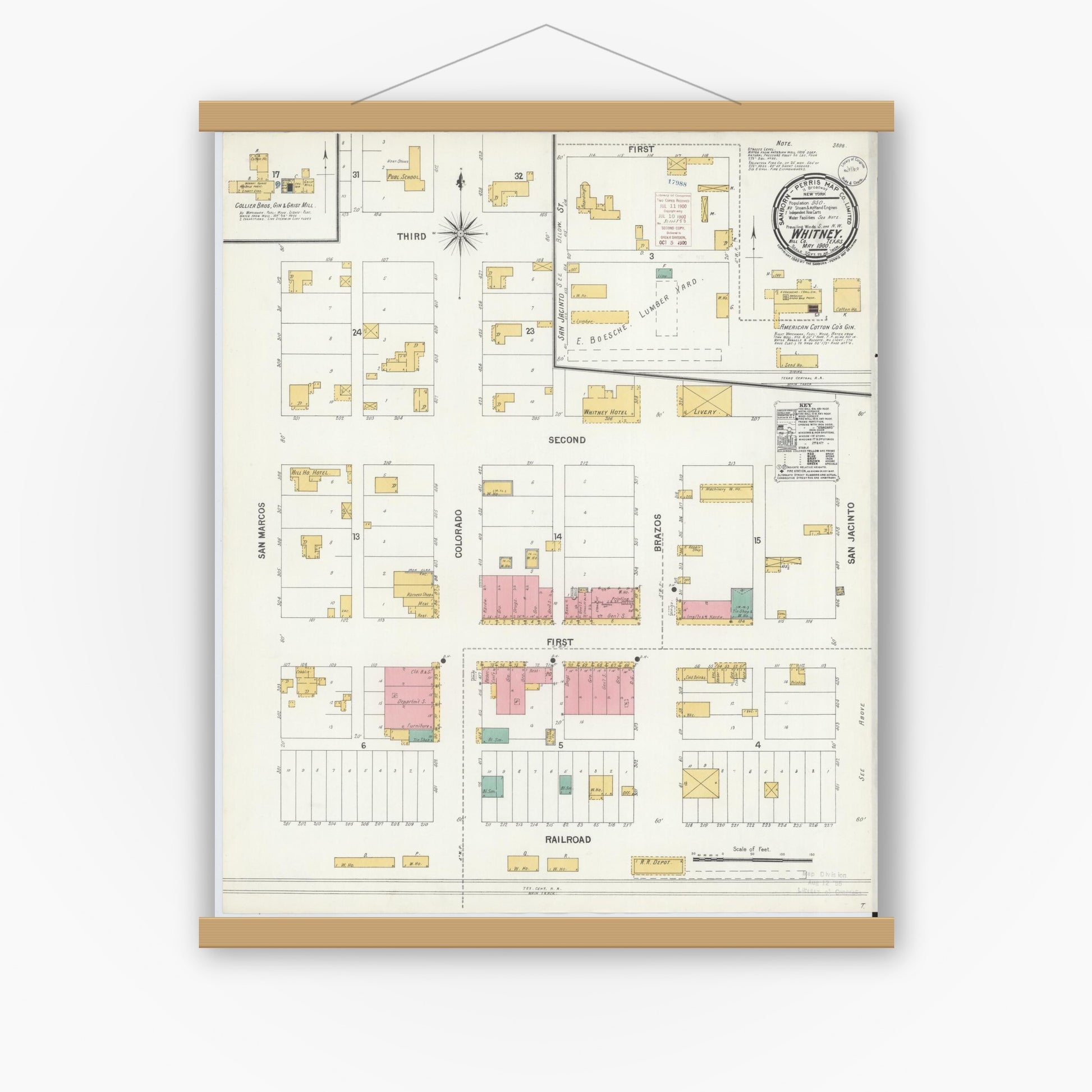 Old map wall art mockup — magnetic wood frame on white wall — Sanborn Fire Insurance Map from Whitney, Hill County, Texas (1900), Sheet #0001