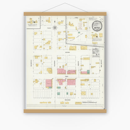 Old map wall art mockup — magnetic wood frame on white wall — Sanborn Fire Insurance Map from Whitney, Hill County, Texas (1900), Sheet #0001
