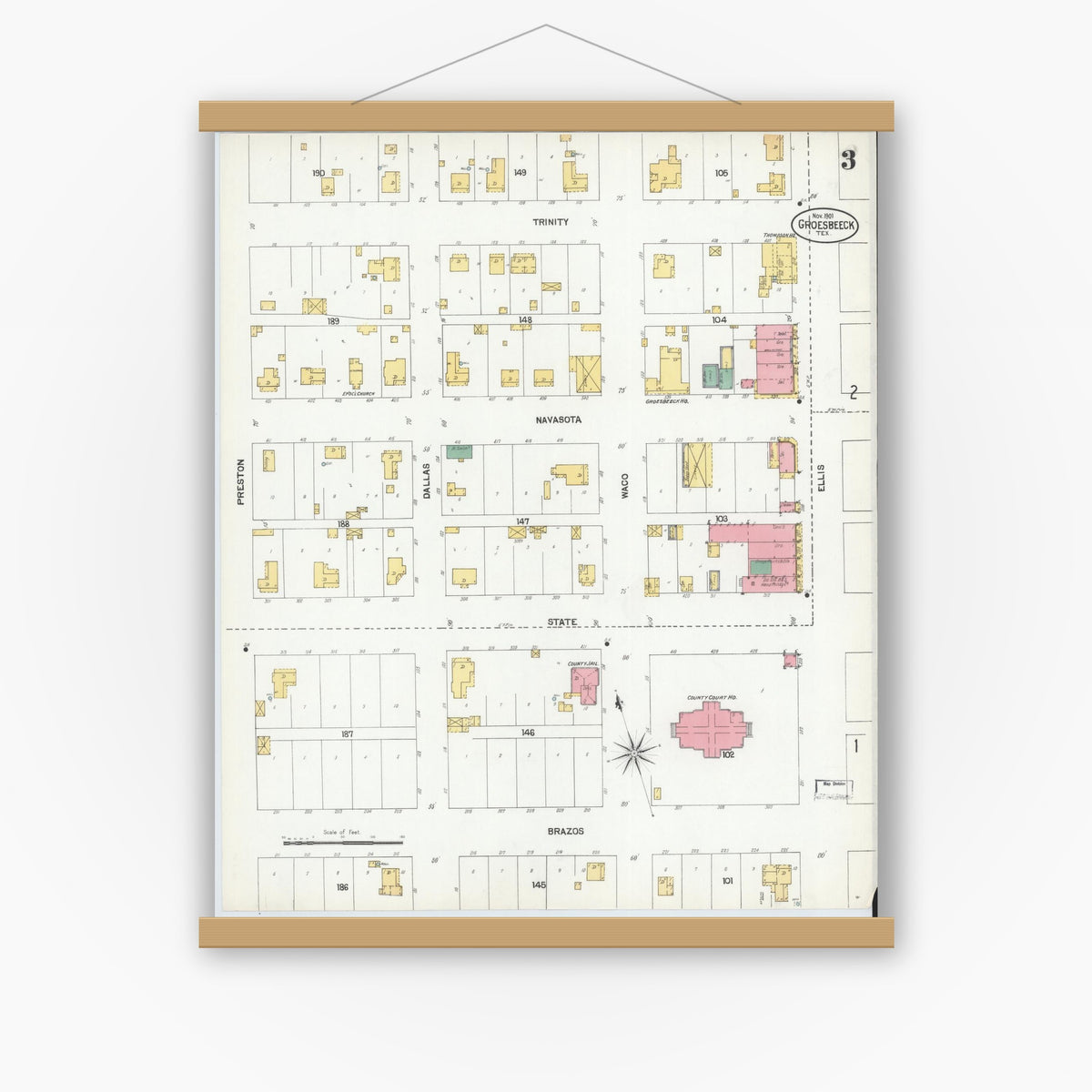 Old map wall art mockup — magnetic wood frame on white wall — Sanborn Fire Insurance Map from Groesbeck, Limestone County, Texas (1901), Sheet #0003
