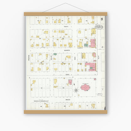 Old map wall art mockup — magnetic wood frame on white wall — Sanborn Fire Insurance Map from Groesbeck, Limestone County, Texas (1901), Sheet #0003