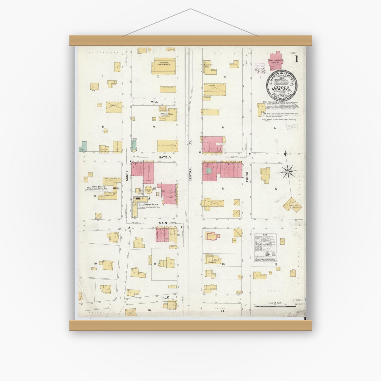 Old map wall art mockup — magnetic wood frame on white wall — Sanborn Fire Insurance Map from Jasper, Hamilton County, Florida (1909) - Complete Map Set