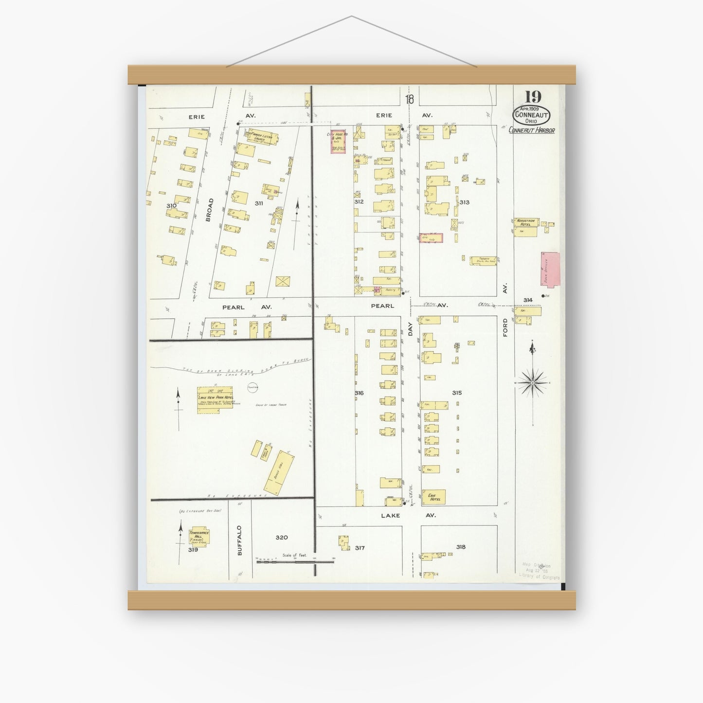 Old map wall art mockup — magnetic wood frame on white wall — Sanborn Fire Insurance Map from Conneaut, Ashtabula County, Ohio (1909), Sheet #0019