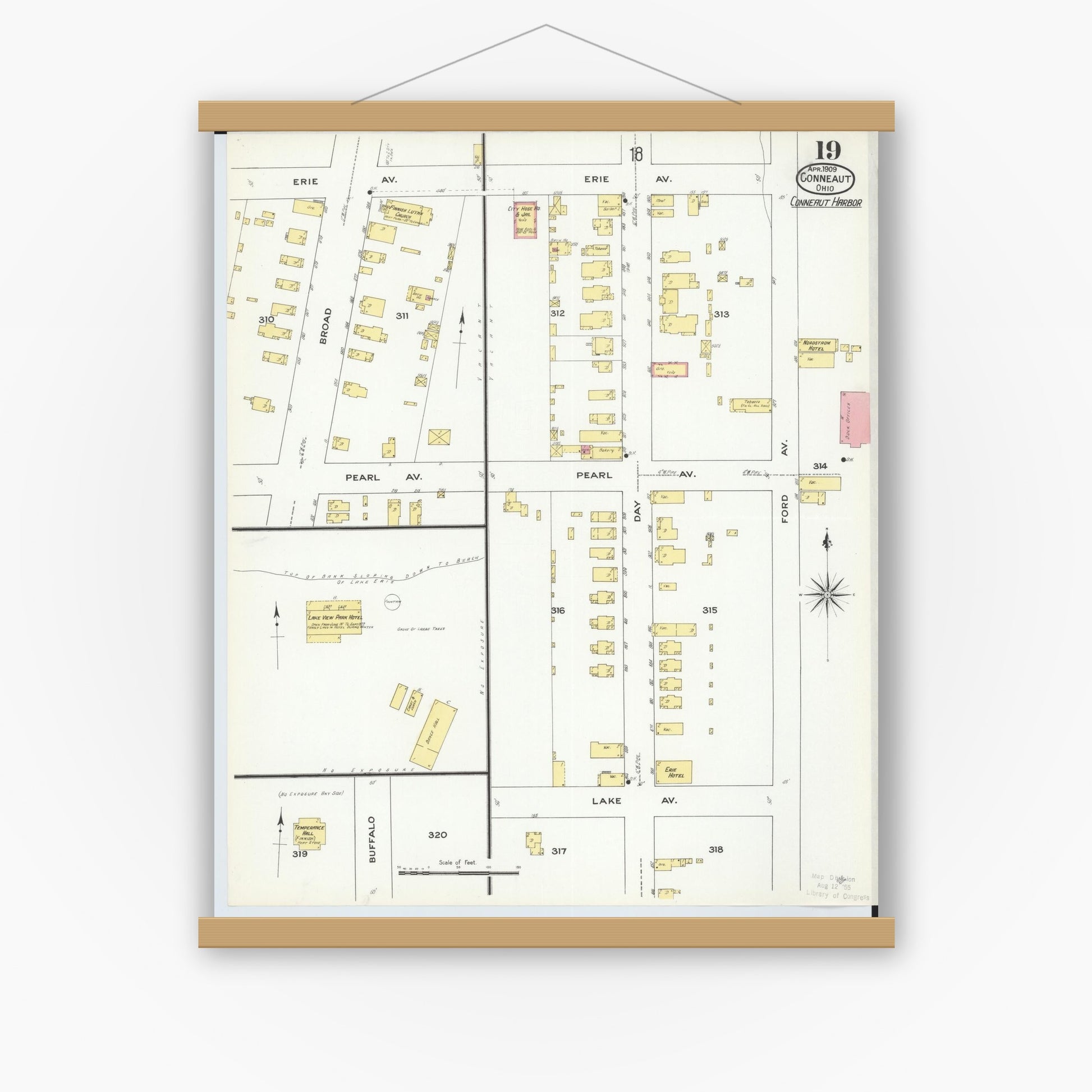 Old map wall art mockup — magnetic wood frame on white wall — Sanborn Fire Insurance Map from Conneaut, Ashtabula County, Ohio (1909), Sheet #0019