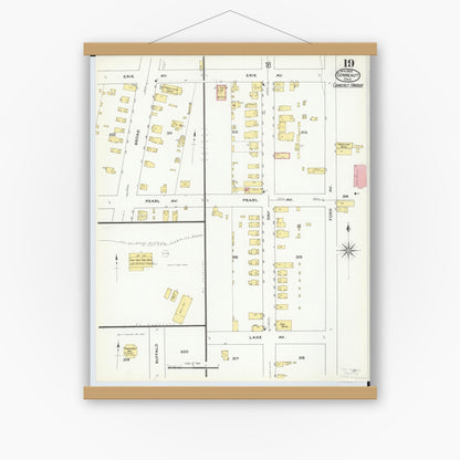 Old map wall art mockup — magnetic wood frame on white wall — Sanborn Fire Insurance Map from Conneaut, Ashtabula County, Ohio (1909), Sheet #0019