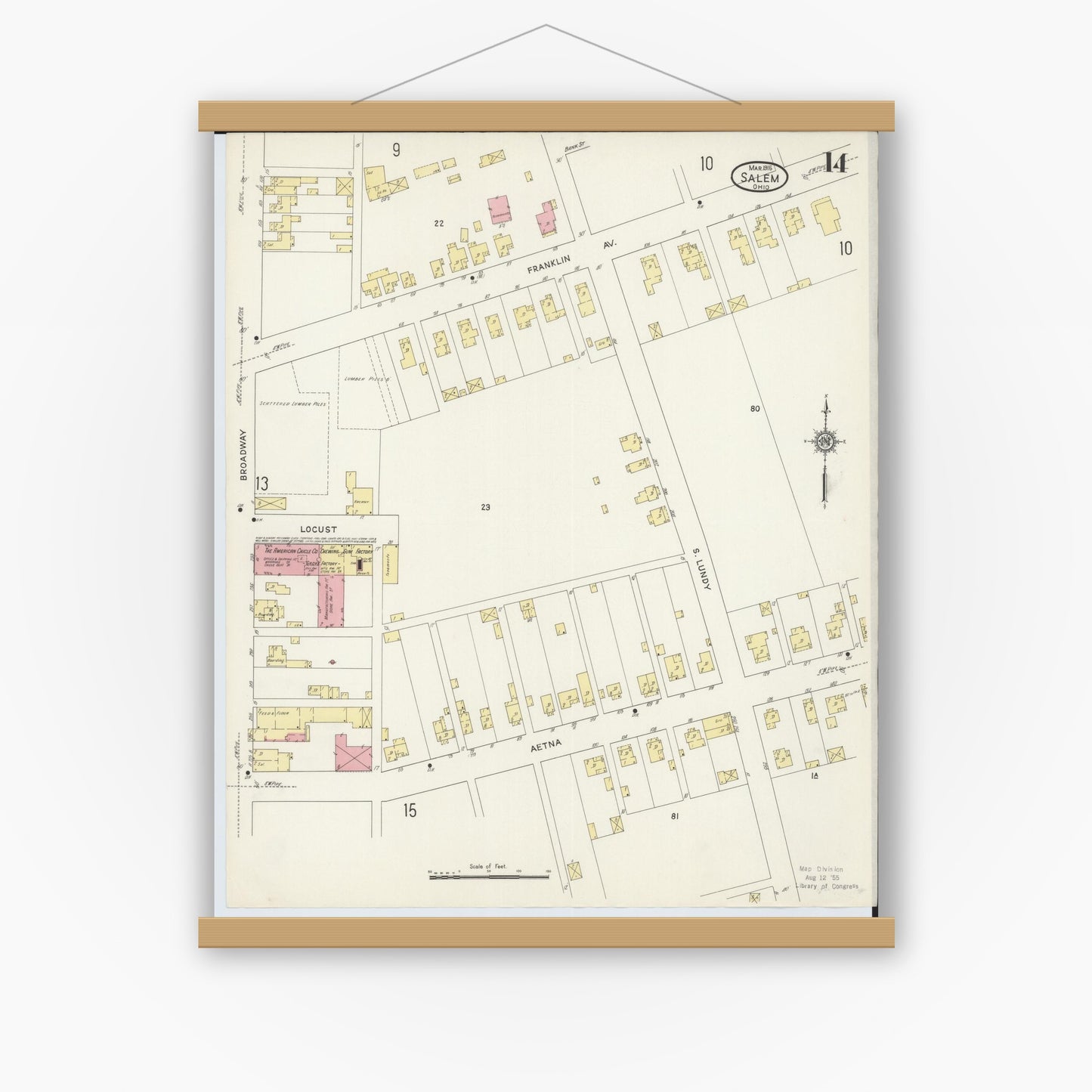 Old map wall art mockup — magnetic wood frame on white wall — Sanborn Fire Insurance Map from Salem, Columbiana County, Ohio (1915), Sheet #0014