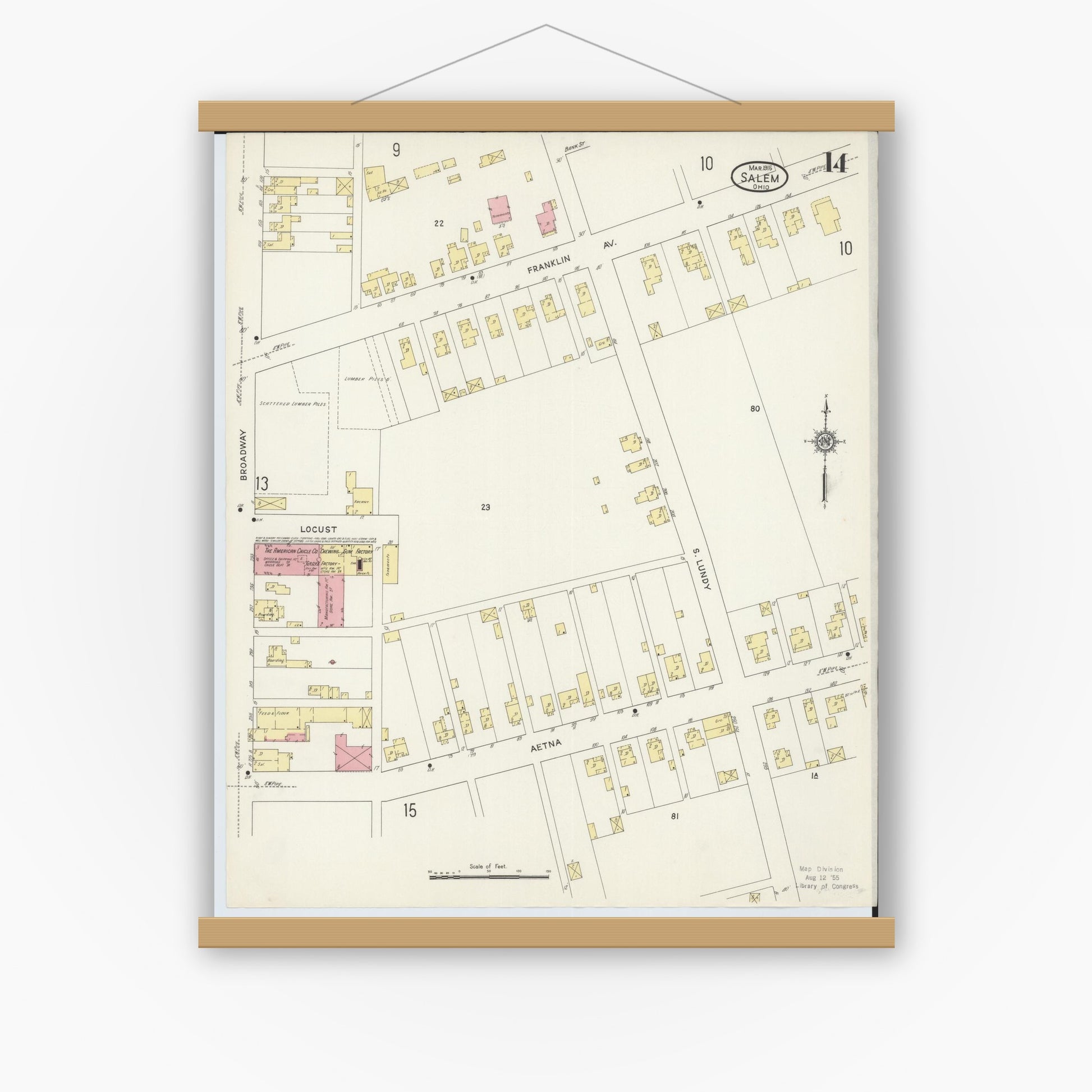Old map wall art mockup — magnetic wood frame on white wall — Sanborn Fire Insurance Map from Salem, Columbiana County, Ohio (1915), Sheet #0014