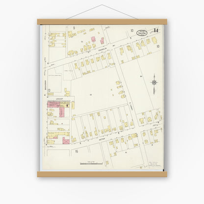 Old map wall art mockup — magnetic wood frame on white wall — Sanborn Fire Insurance Map from Salem, Columbiana County, Ohio (1915), Sheet #0014