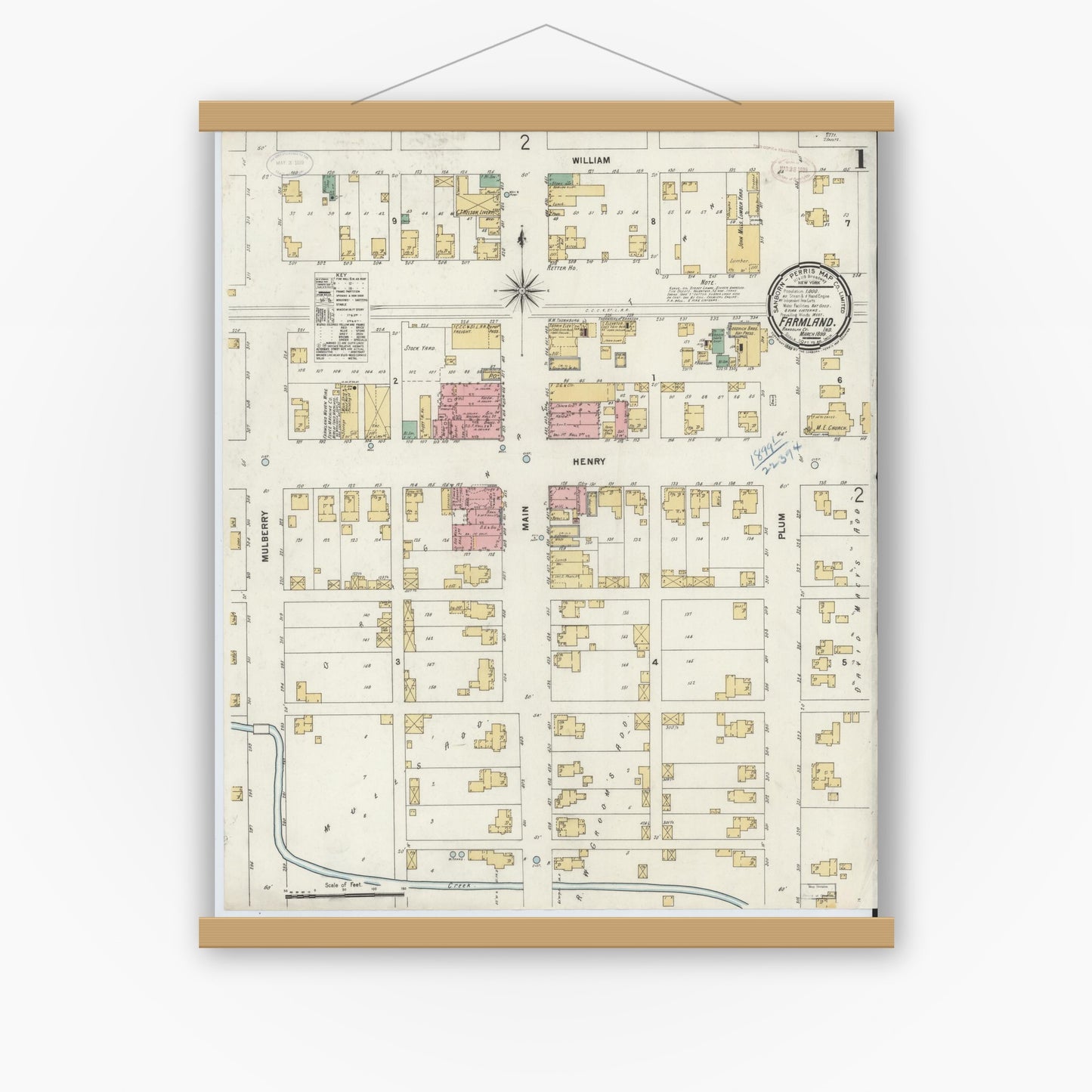 Old map wall art mockup — magnetic wood frame on white wall — Sanborn Fire Insurance Map from Farmland, Randolph County, Indiana (1899) - Complete Map Set