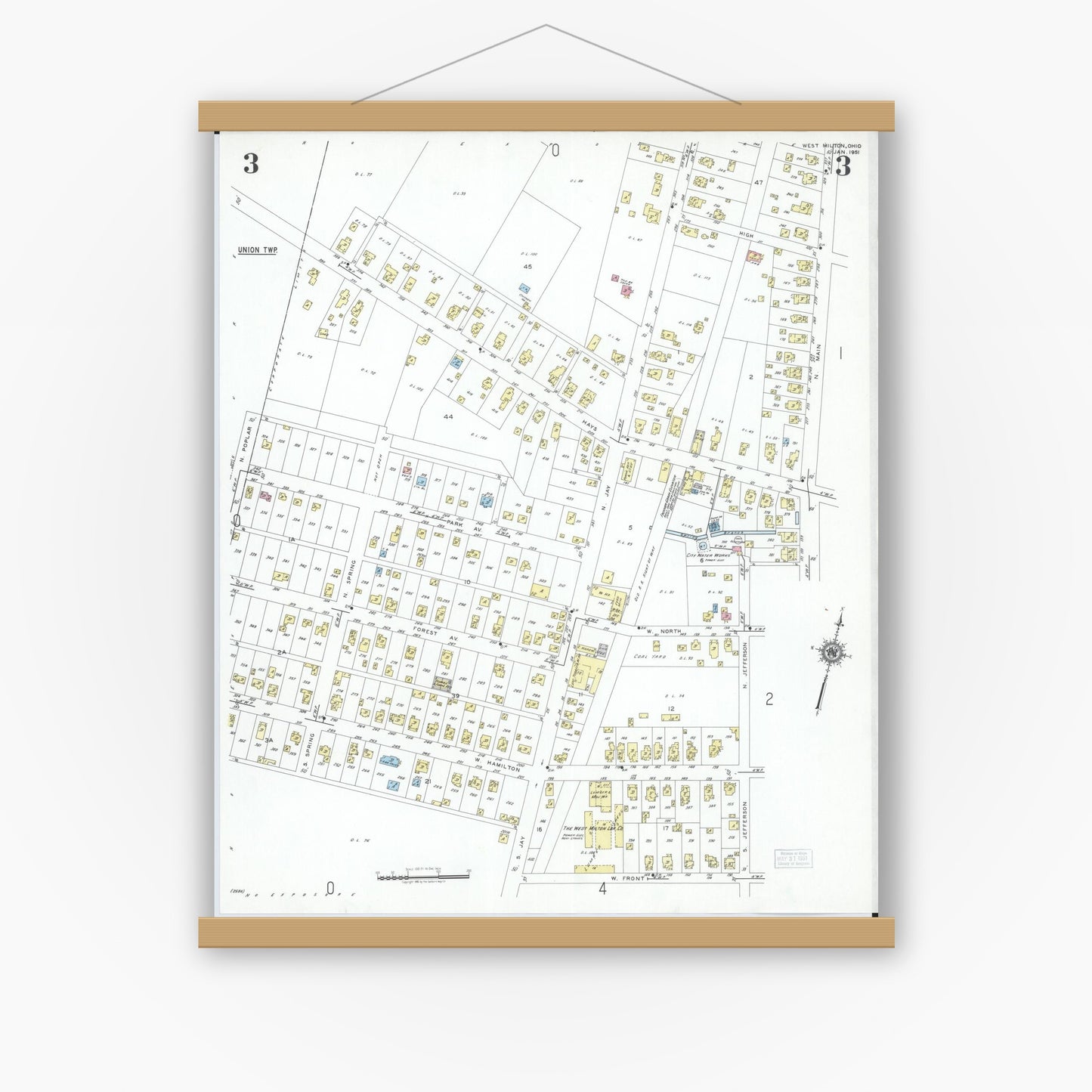 Old map wall art mockup — magnetic wood frame on white wall — Sanborn Fire Insurance Map from West Milton, Miami County, Ohio (1951), Sheet #0003