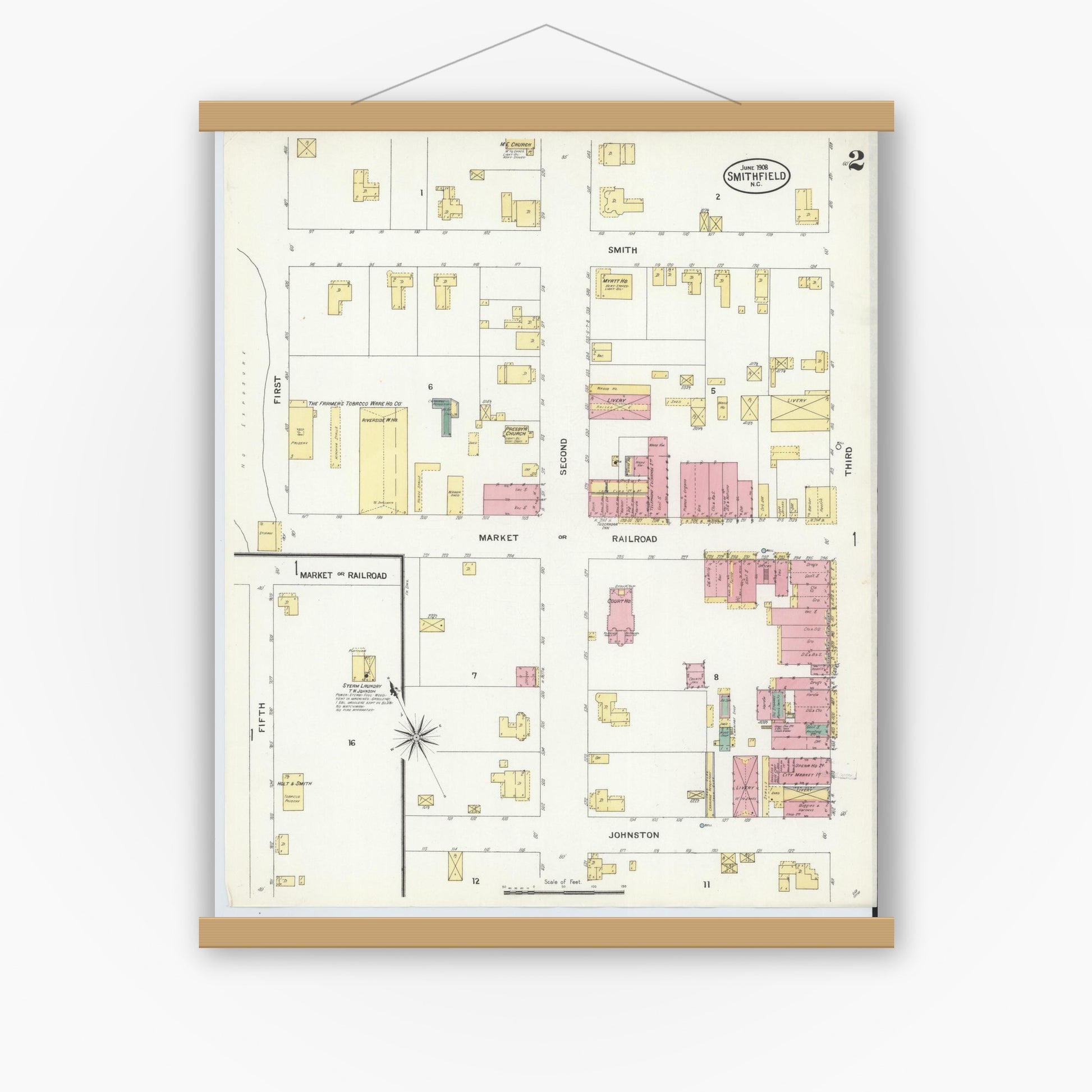 Old map wall art mockup — magnetic wood frame on white wall — Sanborn Fire Insurance Map from Smithfield, Johnston County, North Carolina (1908), Sheet #0002