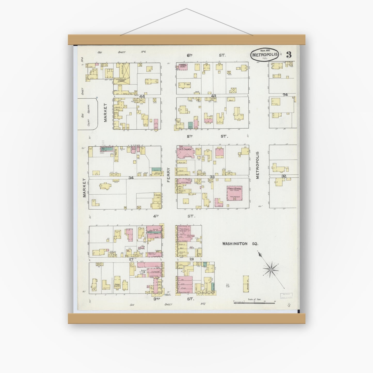 Old map wall art mockup — magnetic wood frame on white wall — Sanborn Fire Insurance Map from Metropolis, Massac County, Illinois (1892), Sheet #0003
