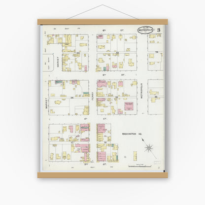 Old map wall art mockup — magnetic wood frame on white wall — Sanborn Fire Insurance Map from Metropolis, Massac County, Illinois (1892), Sheet #0003
