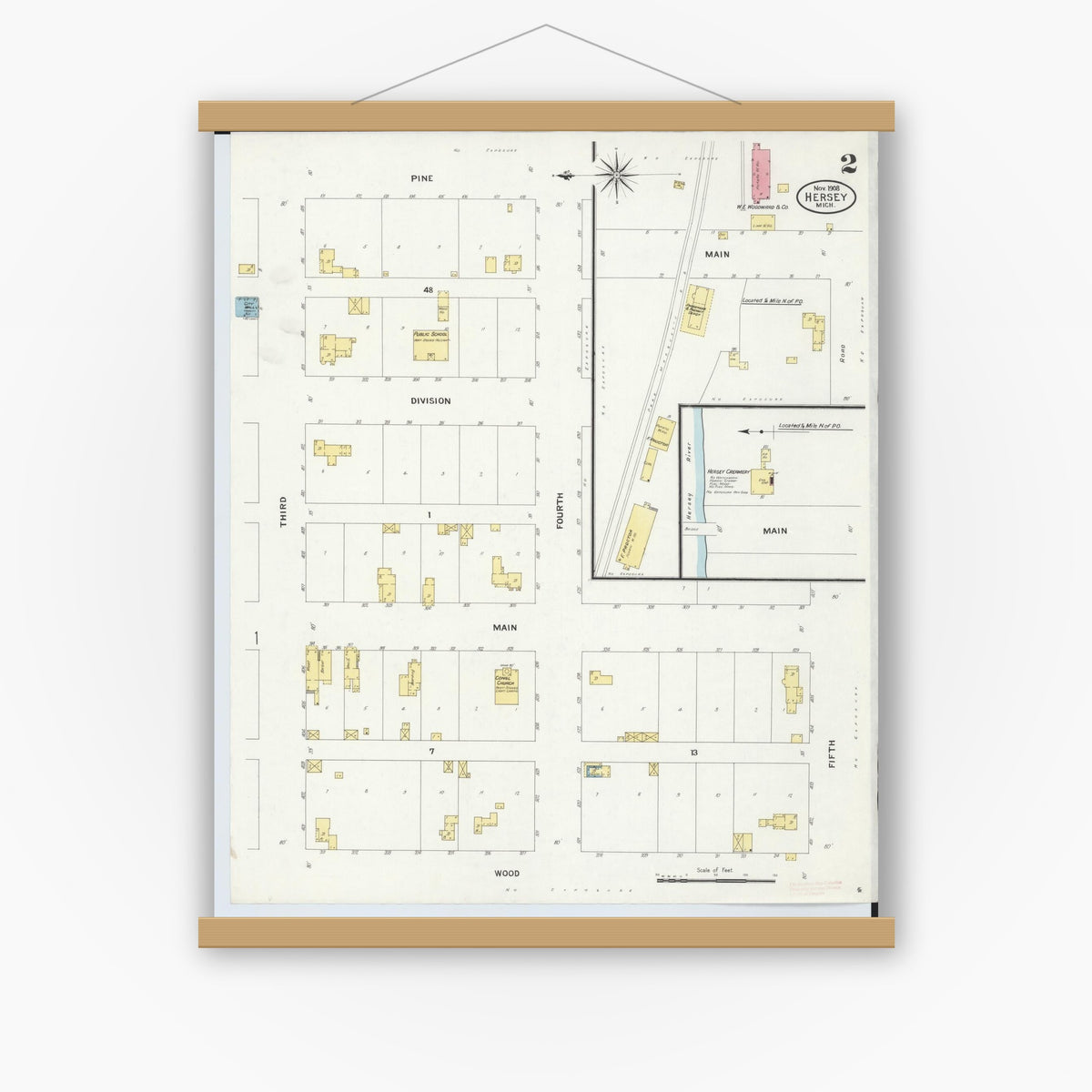 Old map wall art mockup — magnetic wood frame on white wall — Sanborn Fire Insurance Map from Hersey, Osceola County, Michigan (1908), Sheet #0002