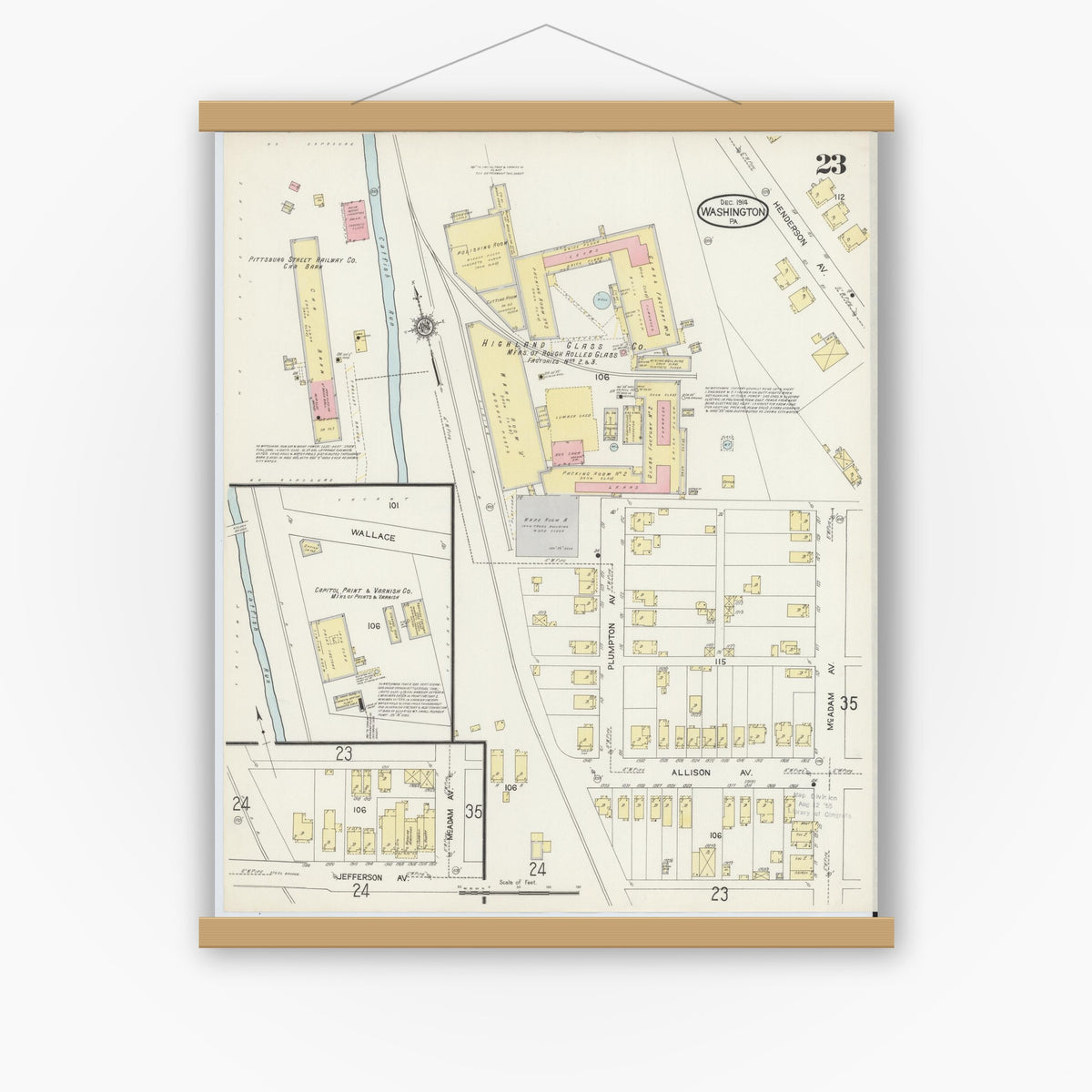 Old map wall art mockup — magnetic wood frame on white wall — Sanborn Fire Insurance Map from Washington, Washington County, Pennsylvania (1914), Sheet #0023