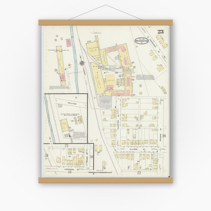 Old map wall art mockup — magnetic wood frame on white wall — Sanborn Fire Insurance Map from Washington, Washington County, Pennsylvania (1914), Sheet #0023