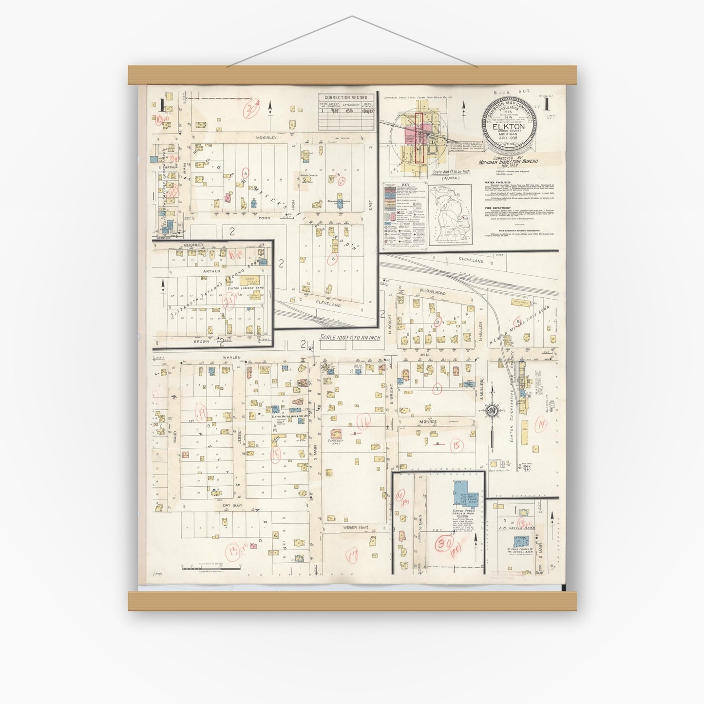 Old map wall art mockup — magnetic wood frame on white wall — Sanborn Fire Insurance Map from Elkton, Huron County, Michigan (1939) - Complete Map Set