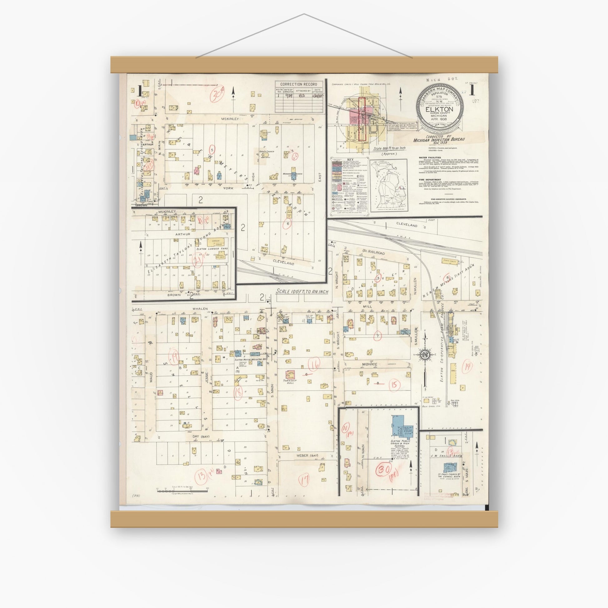 Old map wall art mockup — magnetic wood frame on white wall — Sanborn Fire Insurance Map from Elkton, Huron County, Michigan (1939) - Complete Map Set