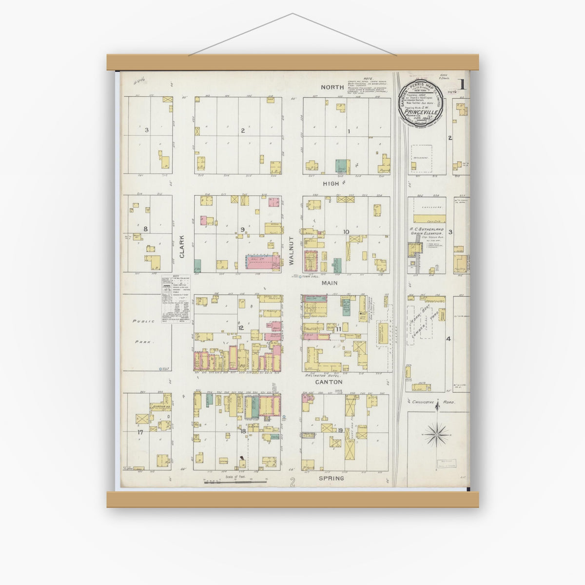 Old map wall art mockup — magnetic wood frame on white wall — Sanborn Fire Insurance Map from Princeville, Peoria County, Illinois (1893), Sheet #0001