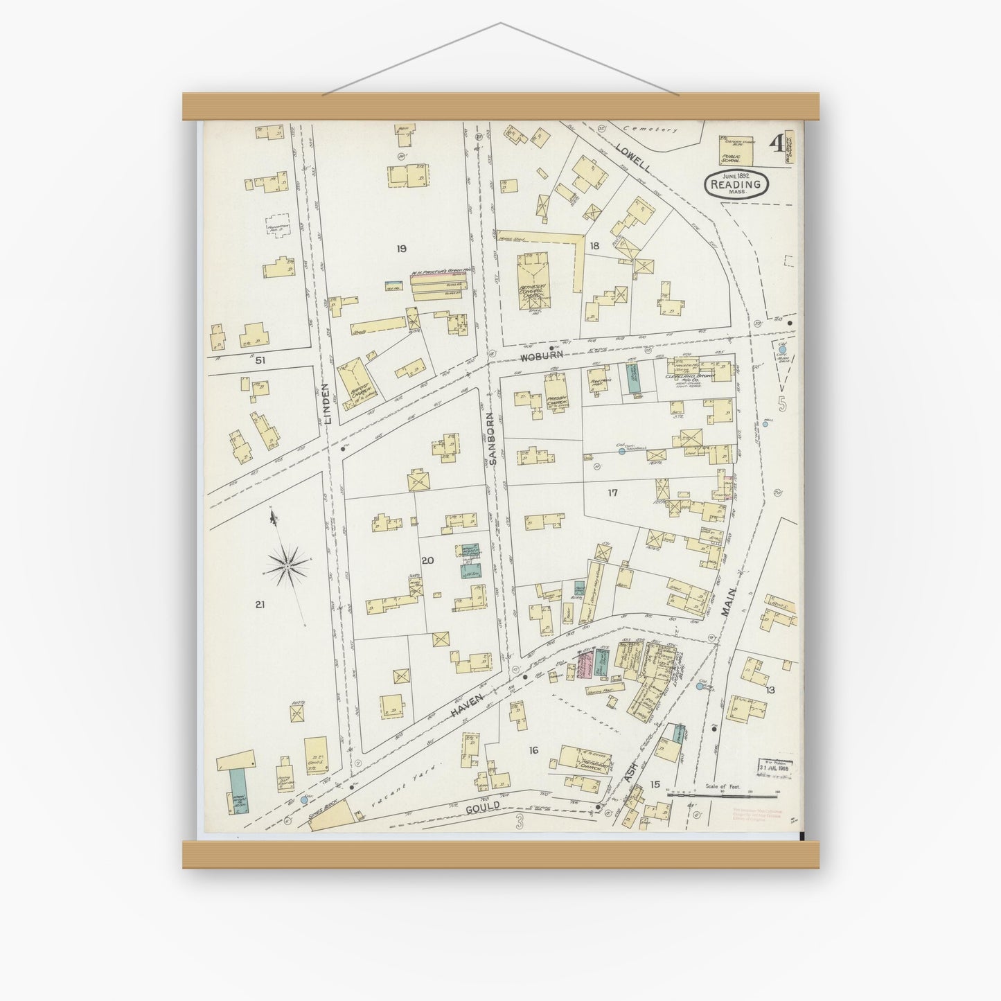 Old map wall art mockup — magnetic wood frame on white wall — Sanborn Fire Insurance Map from Reading, Middlesex County, Massachusetts (1892), Sheet #0004