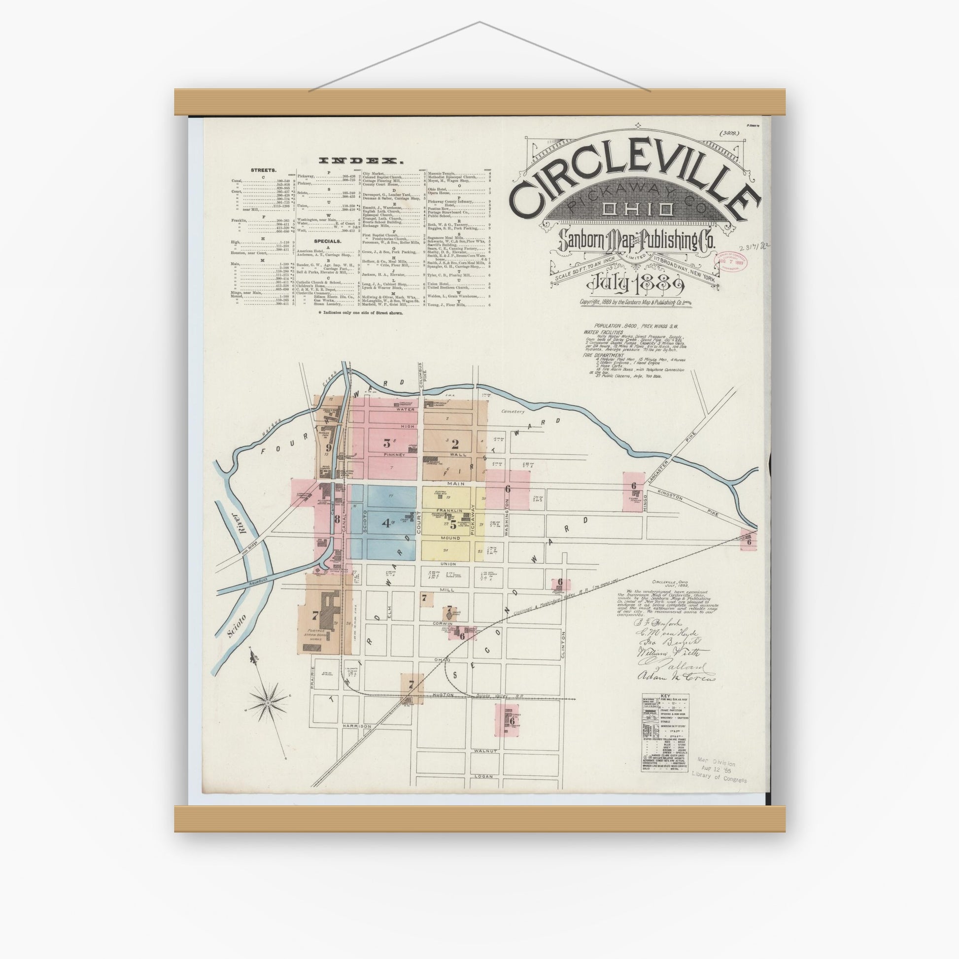 Old map wall art mockup — magnetic wood frame on white wall — Sanborn Fire Insurance Map from Circleville, Pickaway County, Ohio (1889), Sheet #0001