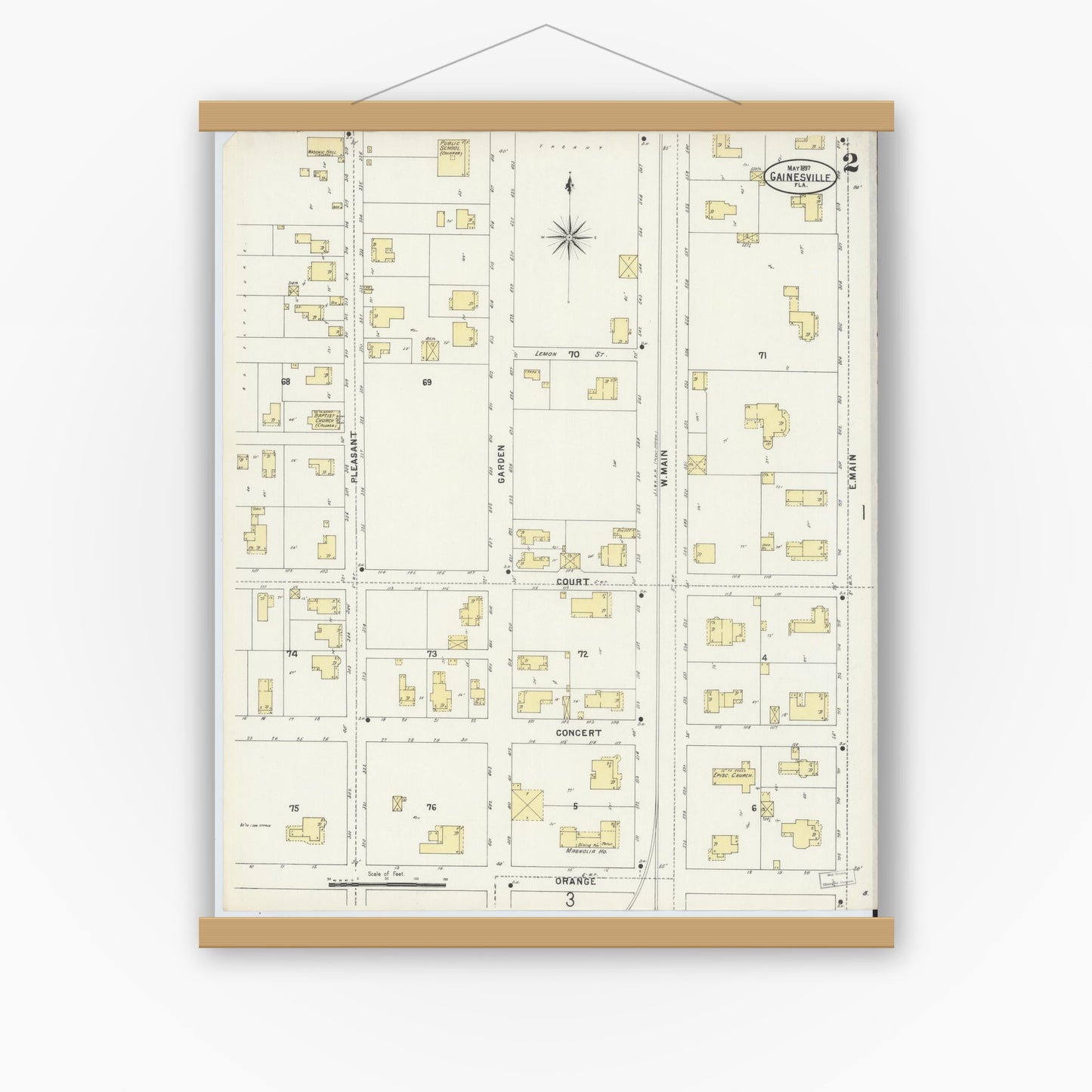 Old map wall art mockup — magnetic wood frame on white wall — Sanborn Fire Insurance Map from Gainesville, Alachua County, Florida (1897), Sheet #0002