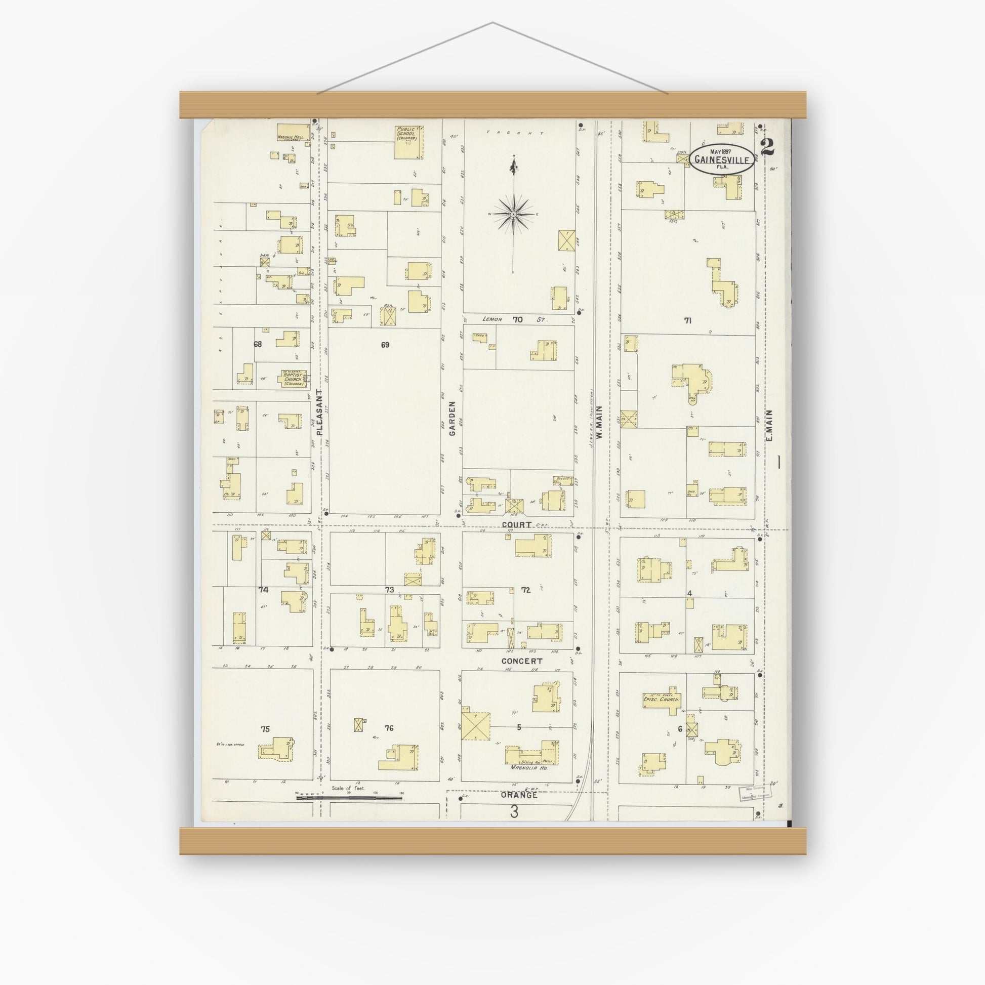 Old map wall art mockup — magnetic wood frame on white wall — Sanborn Fire Insurance Map from Gainesville, Alachua County, Florida (1897), Sheet #0002