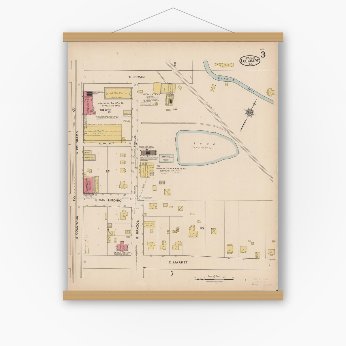 Old map wall art mockup — magnetic wood frame on white wall — Sanborn Fire Insurance Map from Lockhart, Caldwell County, Texas (1922), Sheet #0003