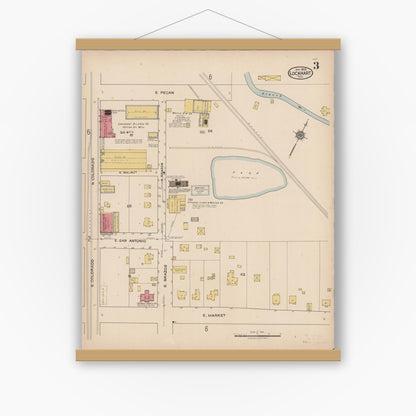 Old map wall art mockup — magnetic wood frame on white wall — Sanborn Fire Insurance Map from Lockhart, Caldwell County, Texas (1922), Sheet #0003