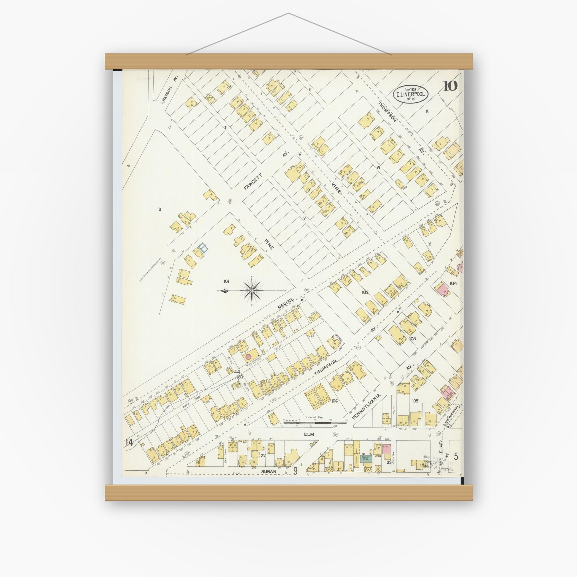 Old map wall art mockup — magnetic wood frame on white wall — Sanborn Fire Insurance Map from East Liverpool, Columbiana County, Ohio (1903), Sheet #0010